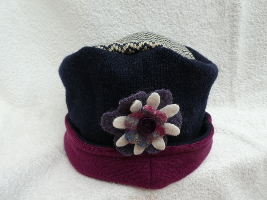 Wool Hat Created from Up-cycled Sweaters. Zig Zag Crown