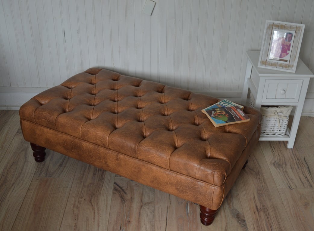 Chesterfield Style Deep Button Footstool in a Premium Tan Faux Leather