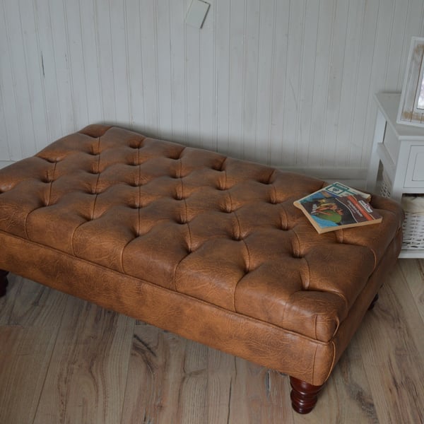 Chesterfield Style Deep Button Footstool in a Premium Tan Faux Leather