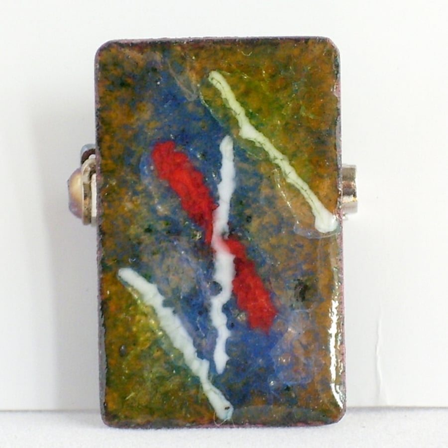 brooch - rectangle: red and white enamel rod on blue and clear