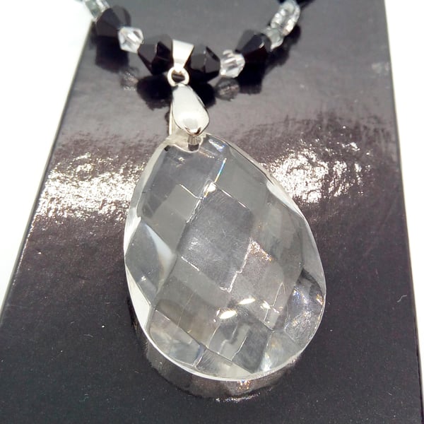 Clear Oval Crystal Pendant on a Black and Clear Beaded Necklace, Gift for Her