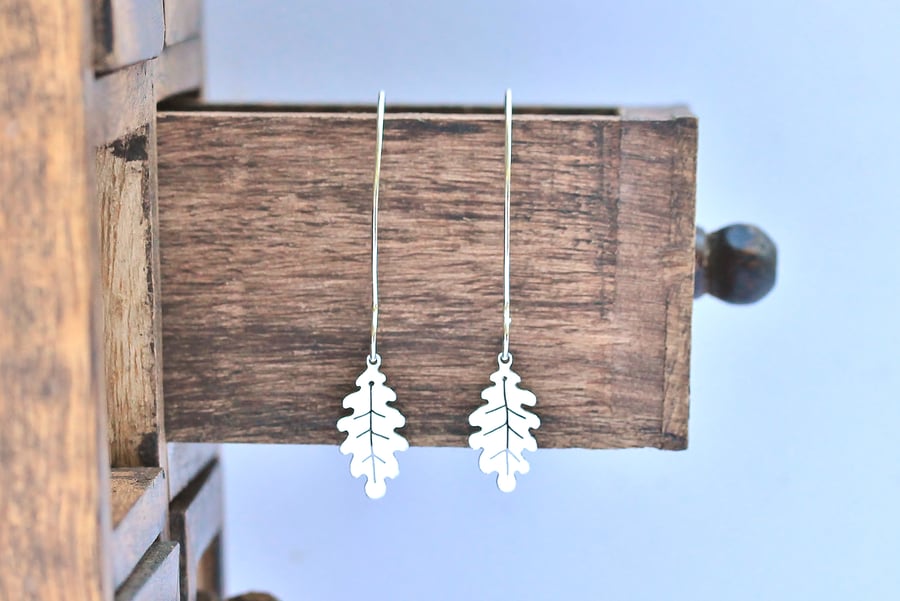 Oak Leaf Drop Earrings - Silver Leaf Earrings - Handmade Drop Earrings