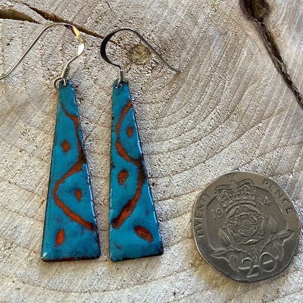 Blue & orange copper enamelled drop earrings with 925 silver wires