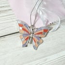 Silver, iridescent butterfly pendant, handpainted butterfly necklace for women 
