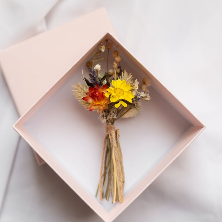 Dried Flower Mini Posy in a pink Gift Box, Orange, Yellow and Lavender Flowers