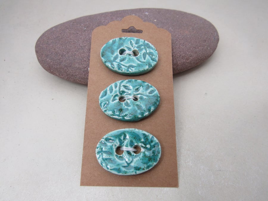 3 Medium Oval Dark Jade Green Leaf Pattern Ceramic Buttons