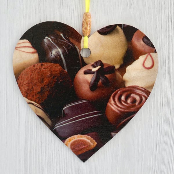 Decoupaged Wooden Hanging Heart 15cm (6”) Chocolates design