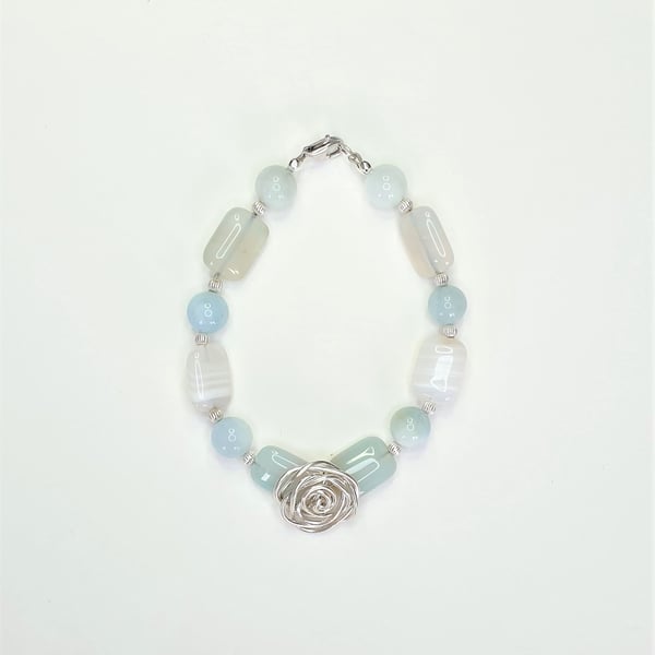 Aquamarine and Agate Gemstone, Sterling Silver Rose Detail Bracelet