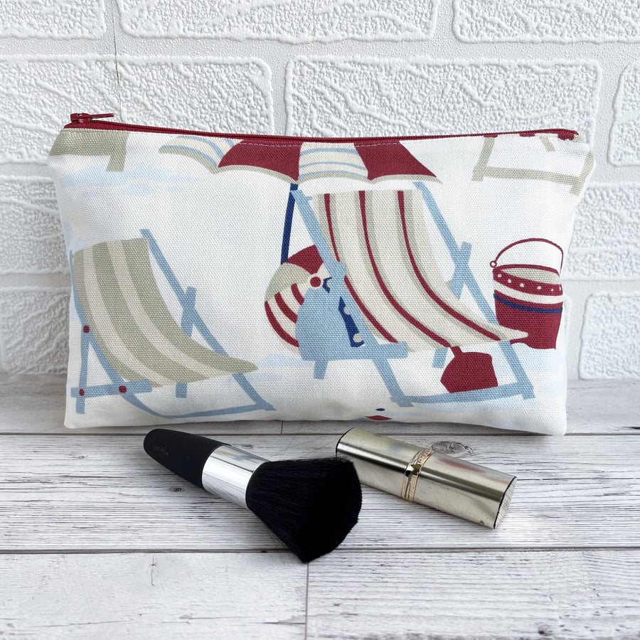 SOLD - Large Seaside Make Up Bag with Deckchairs and Parasol