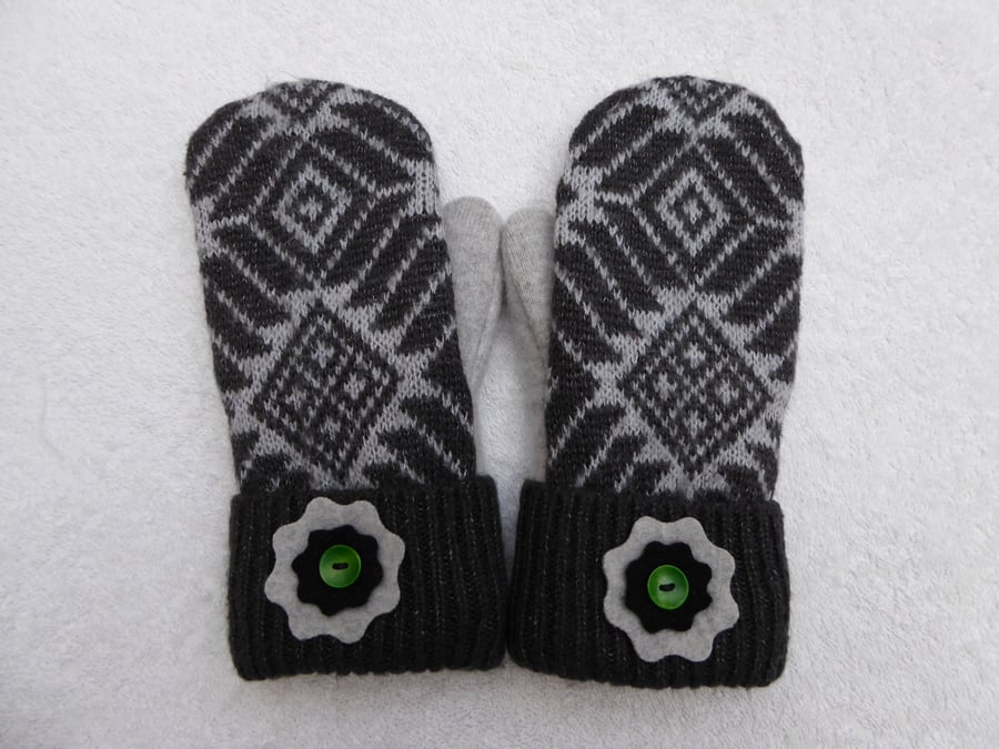 Mittens Created from Up-cycled Wool Jumpers. Fully Lined. Grey Fair Isle
