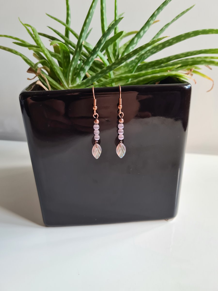Pink Glass Cat's Eye & Copper Earrings with Pink Glass Leaves Jewellery Jewelry