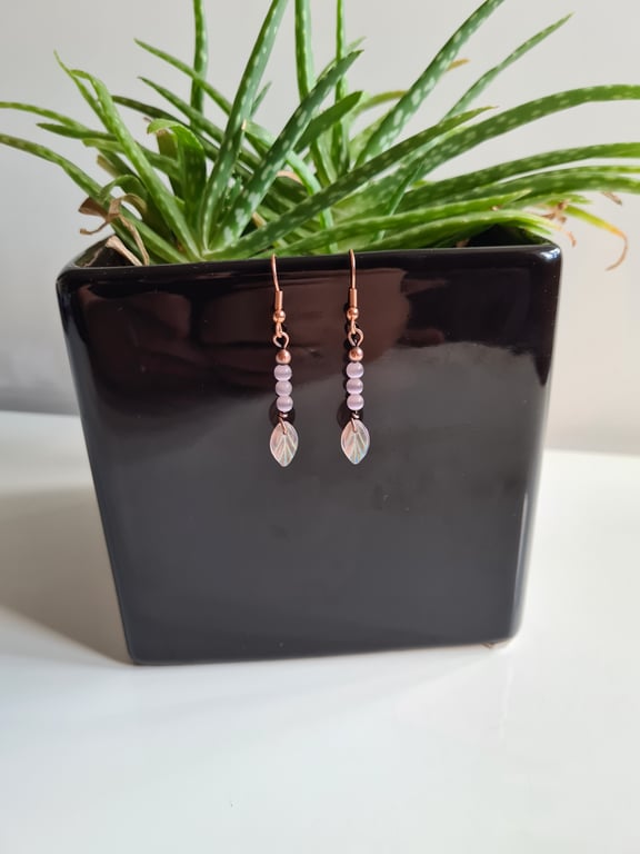 Pink Glass Cat's Eye & Copper Earrings with Pink Glass Leaves Jewellery Jewelry