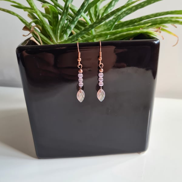 Pink Glass Cat's Eye & Copper Earrings with Pink Glass Leaves Jewellery Jewelry