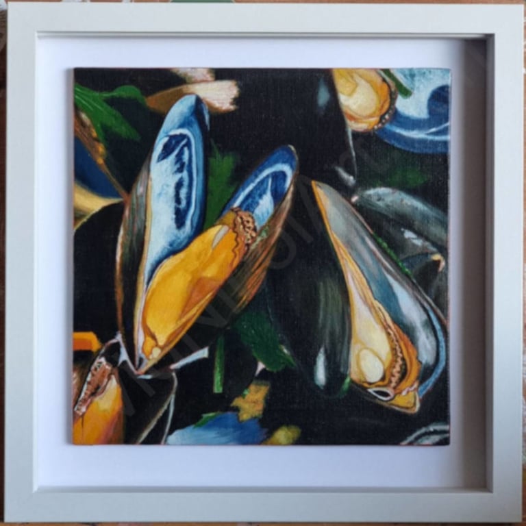 Mussels Original Oil Painting Canvas Panel Framed 20x20cm Shellfish Seafood