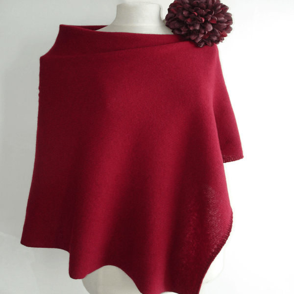 Lambswool Knitted Poncho colour Cranberry Red