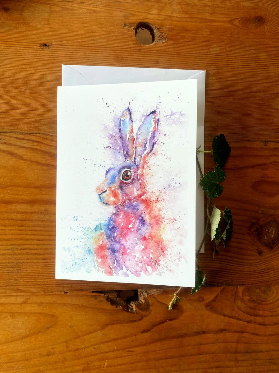 Lupin Hare Watercolour Art on a Blank A5 Greetings Card. From a Wildlife Paintin
