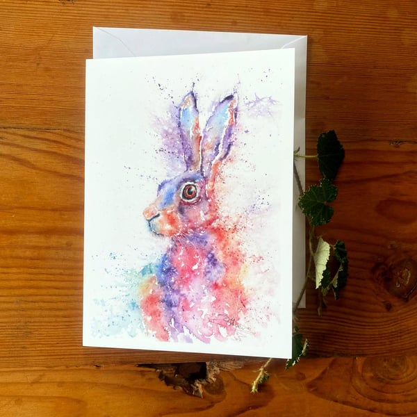 Lupin Hare Watercolour Art on a Blank A5 Greetings Card. From a Wildlife Paintin