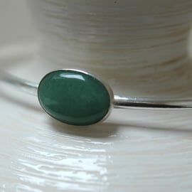 Sterling Silver Bangle with Green Moss Agate Gemstone, Hallmarked