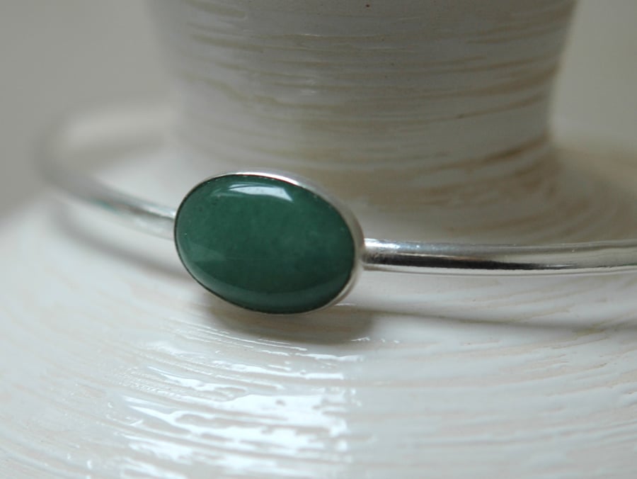 Sterling Silver Bangle with Green Moss Agate Gemstone, Hallmarked