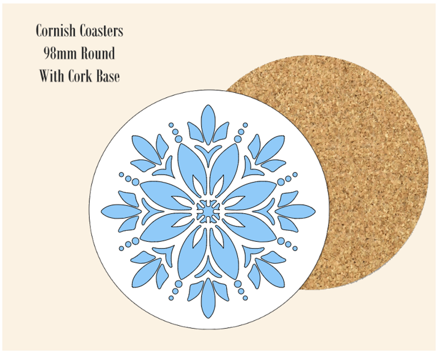 Blue Abstract Flower  Coaster 9.8cm Round With Cork Base.- Design 2