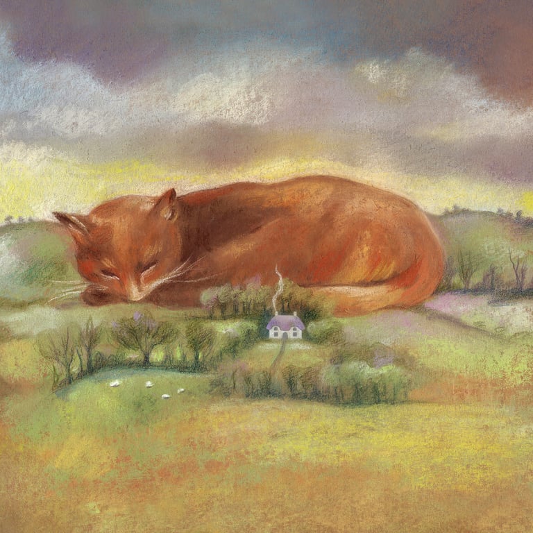 Cat art card - Dartmoor Dreaming - surreal cat card, landscape art card