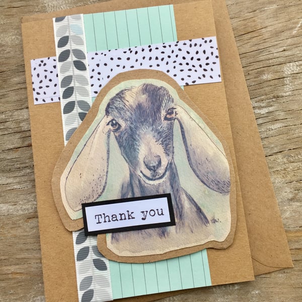 handmade recycled paper card (item no 227) thank you, cute goat