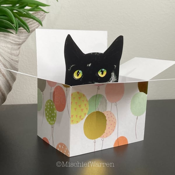Black Cat Card. The Original Cat in a box card or 3D Birthday Gift card holder.