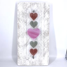 Fused Glass Heart Panel in Pink & Grey on Reclaimed Wood