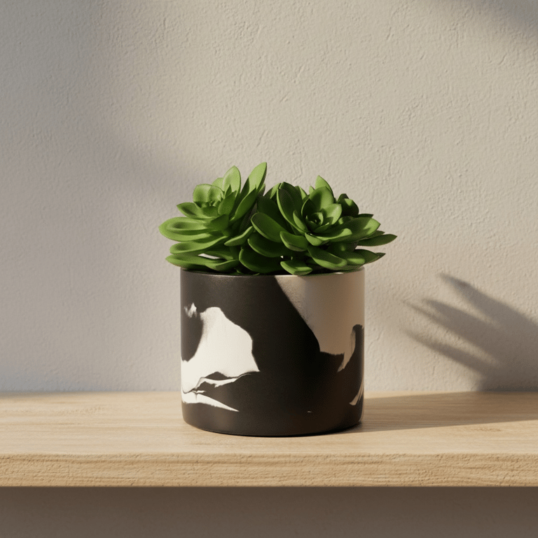 Black and White 15cm Marbled Round Plant Pot  - Large Monochrome Planter 