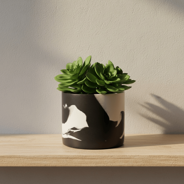 Black and White 15cm Marbled Round Plant Pot  - Large Monochrome Planter 