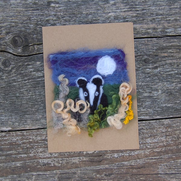 Birthday Card - badger, Needle felt card, wool card, wool painting, textile art