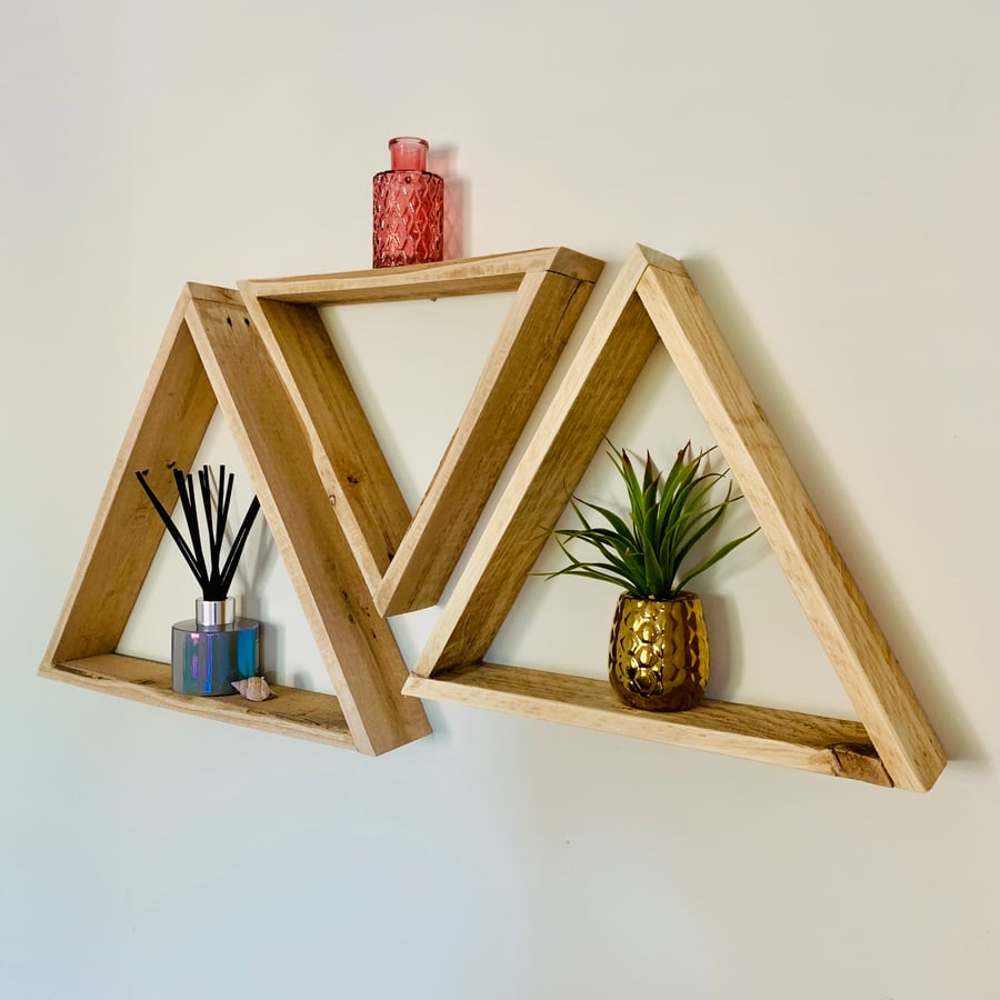 Rustic Triangle Geometric Floating Shelves made from Raclaimed Wood