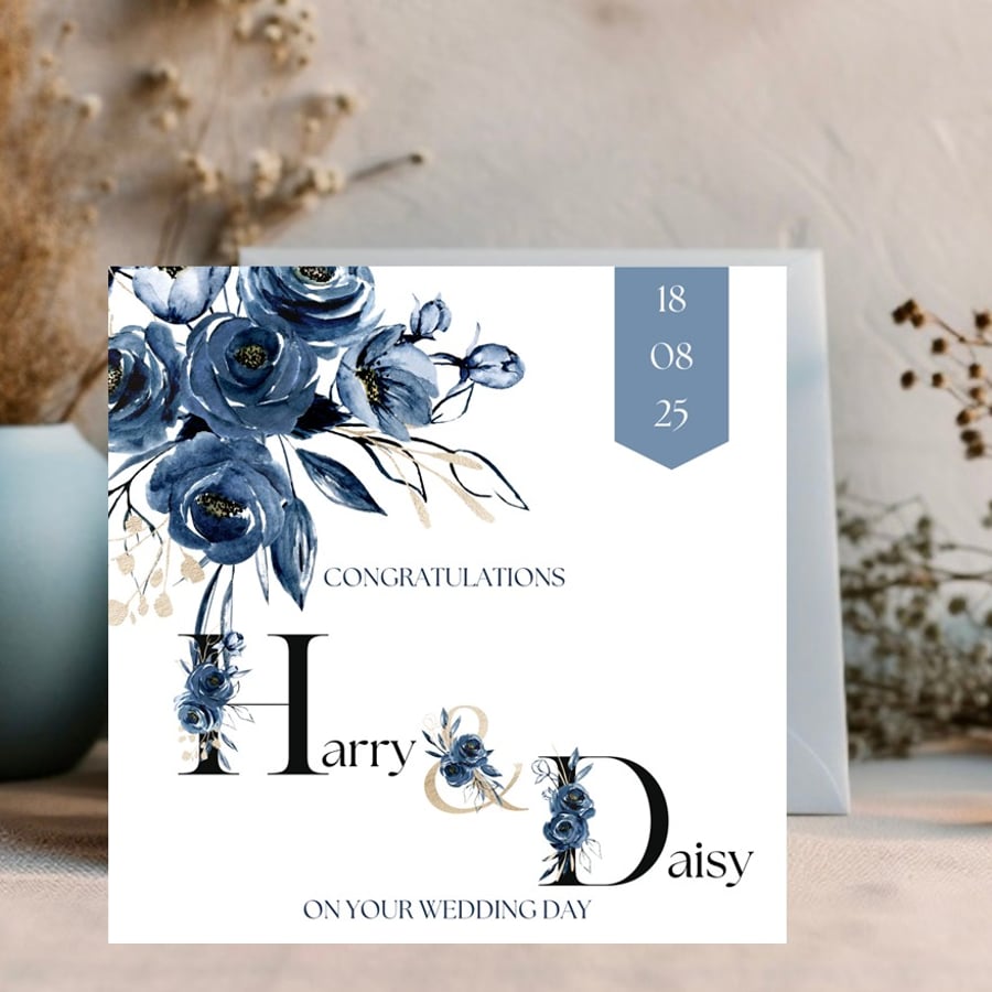 Floral Initals Wedding Day Card with dates and personalised with names 