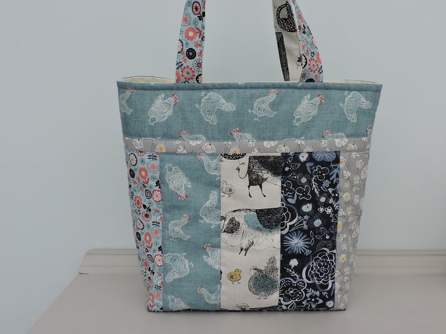 SALE now 10.00 Patchwork Tote Bag  in Aqua Grey Salmon and Blue