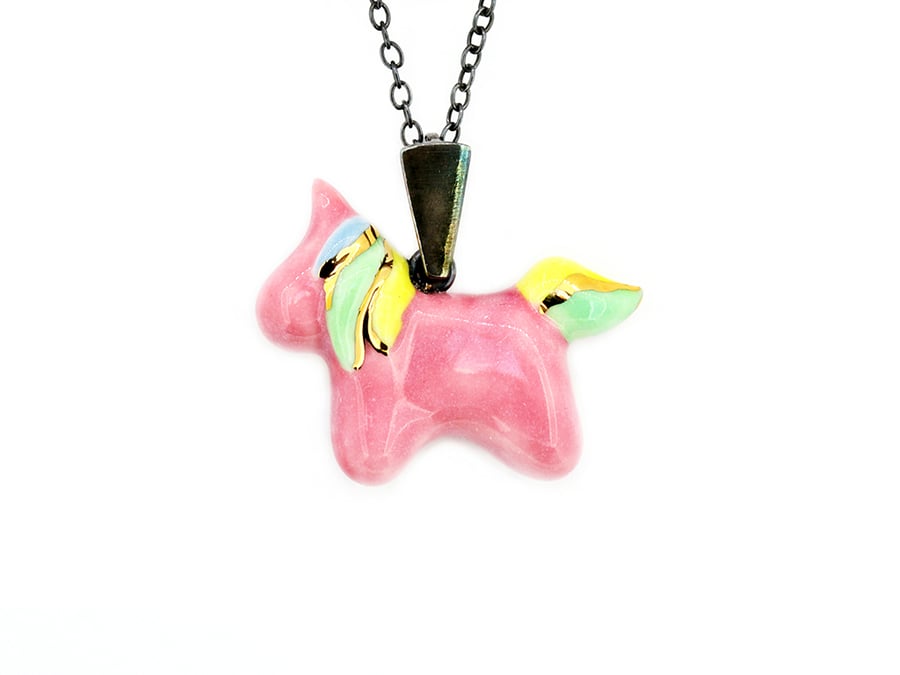 SOLD pink cute unicorn necklace. Gold porcelain jewelry. Handmade gift idea