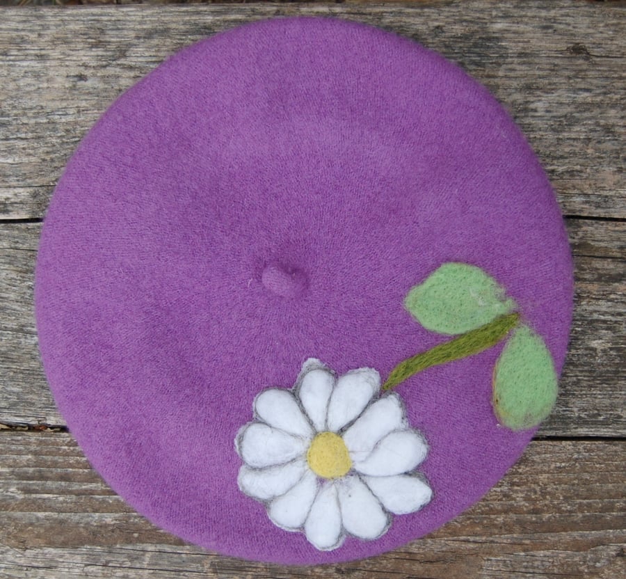 Wool beret upcycled decoration - needlefelt daisy - One of a Kind