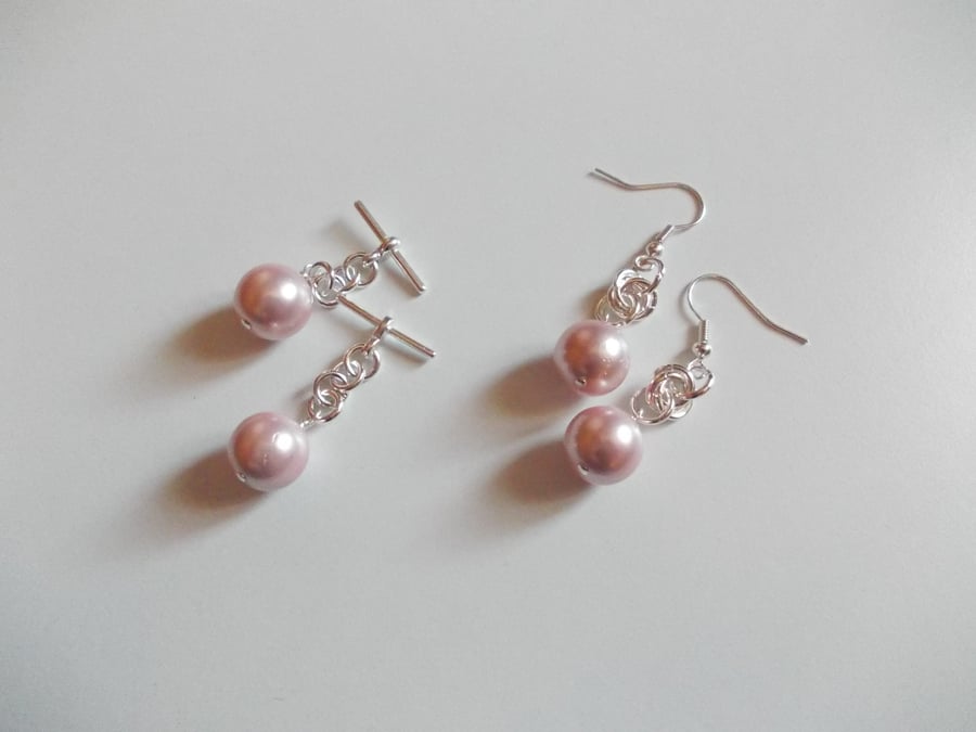 Matching pale pink shell pearl cufflinks and earrings