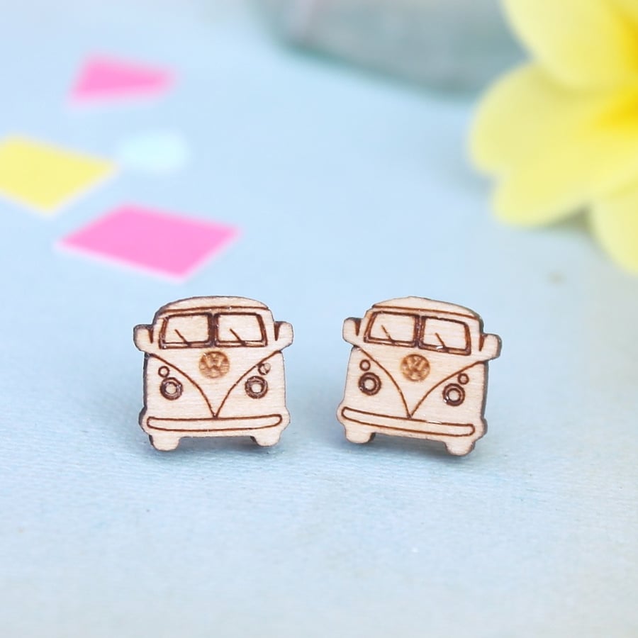 Wooden Camper Van Stud Earrings