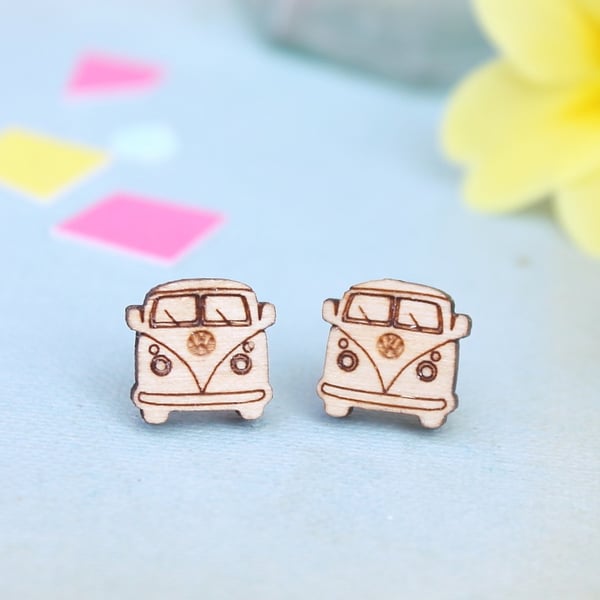 Wooden Camper Van Stud Earrings