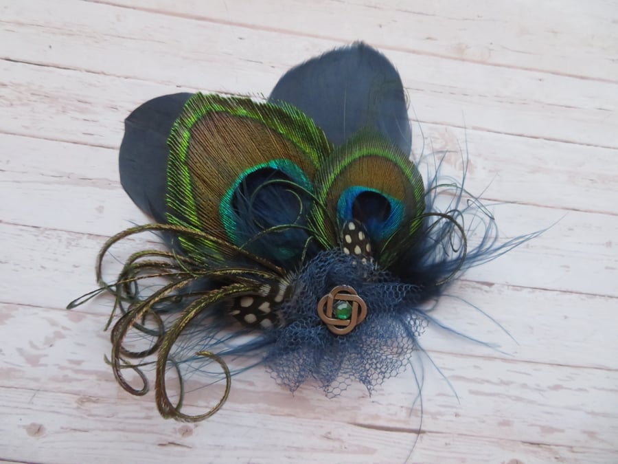 Navy Blue Peacock Feather Celtic Hair Hat Clip