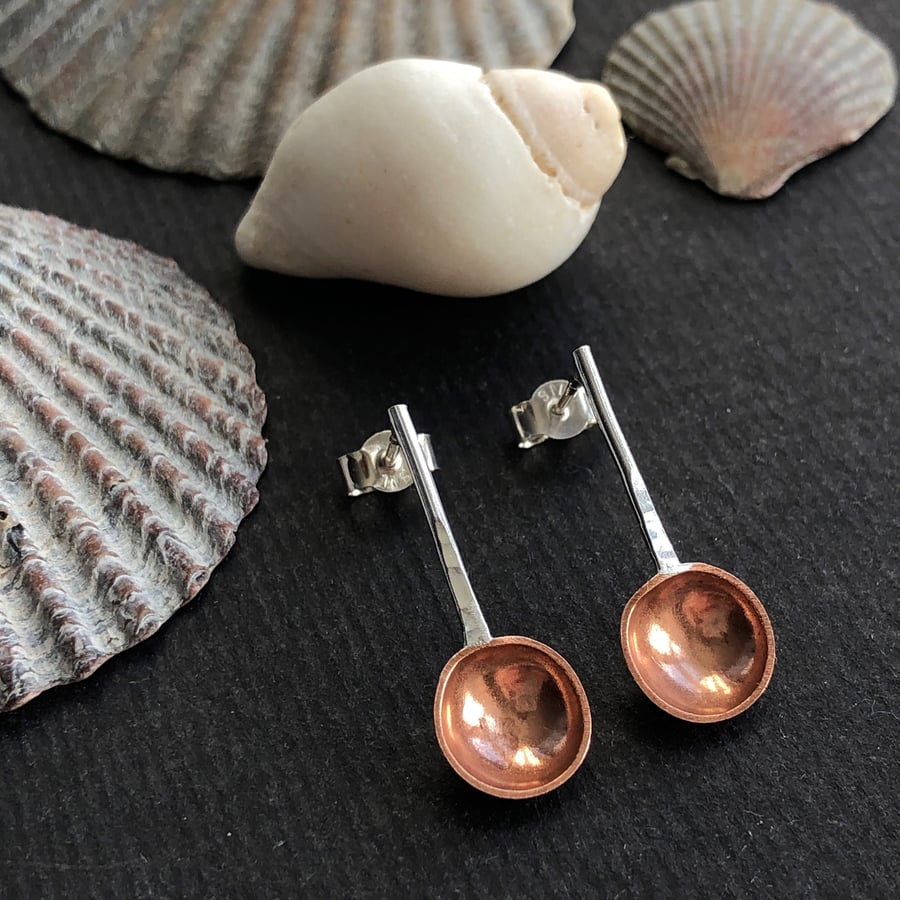 Sterling silver and copper spoon earrings, silver earrings.