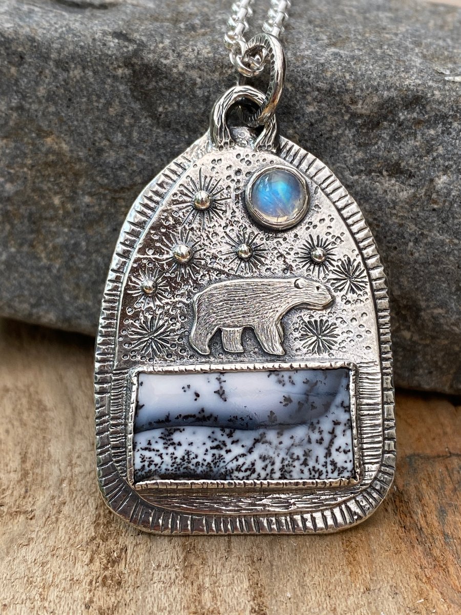 Polar Bear Pendant with Dendritic Opal and Moonstone RESERVED SOLD THANK YOU