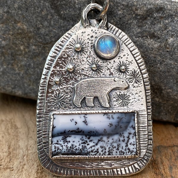Polar Bear Pendant with Dendritic Opal and Moonstone RESERVED SOLD THANK YOU