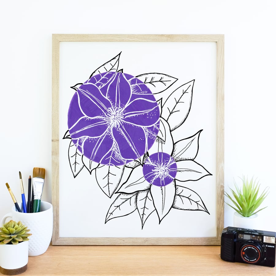 Minimalist Purple Clematis Flower Illustration Fine Art Print