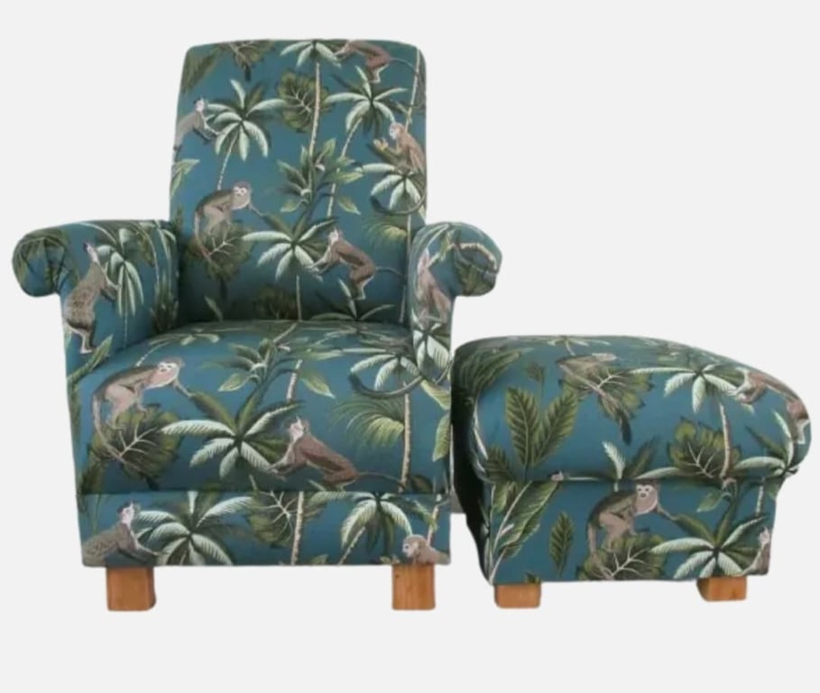Monkeys Teal Chair & Footstool Adult Armchair Fryetts Fabric Animals Nursery New