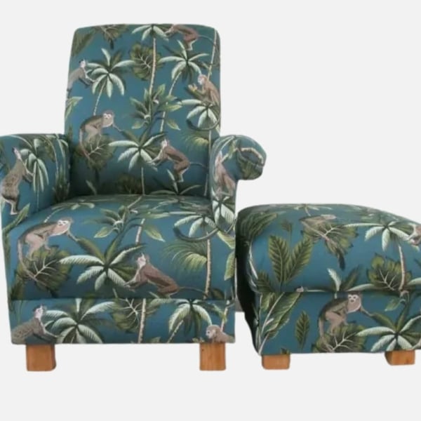 Monkeys Teal Chair & Footstool Adult Armchair Fryetts Fabric Animals Nursery New