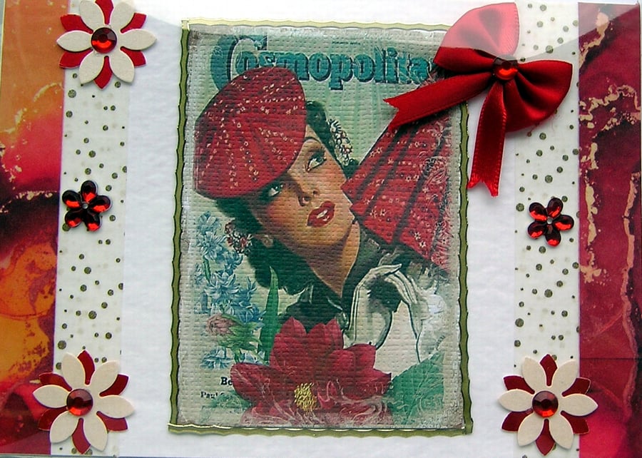 1940's Girl Hand Crafted Decoupage Card - Blank for any Occasion (26033)