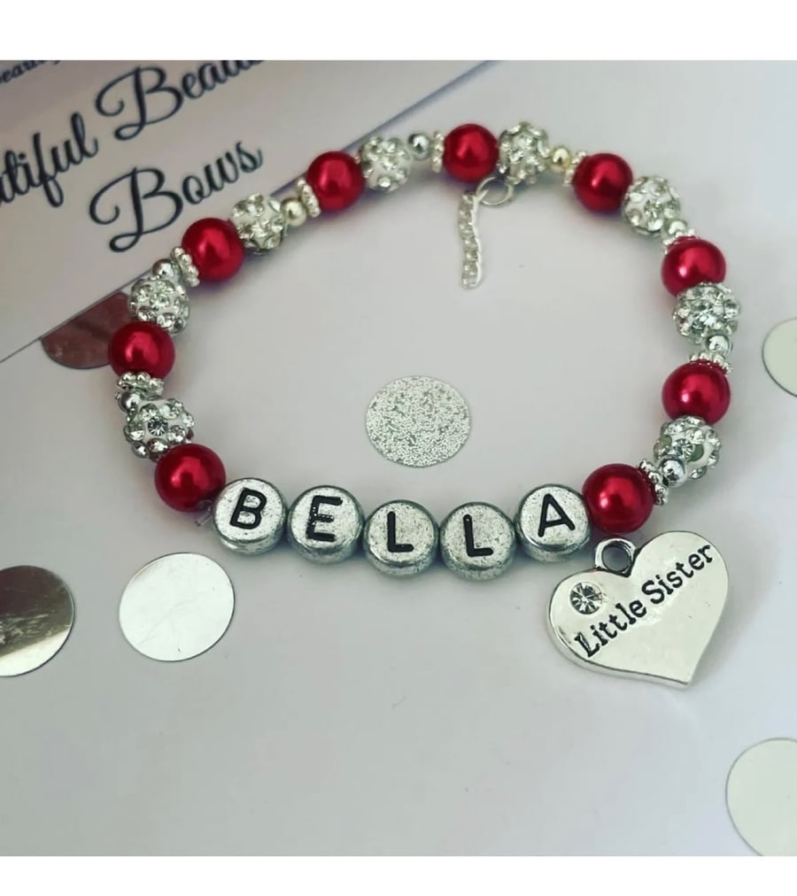 Red shamballa stretch beaded little sister bracelet gift sister personalised 