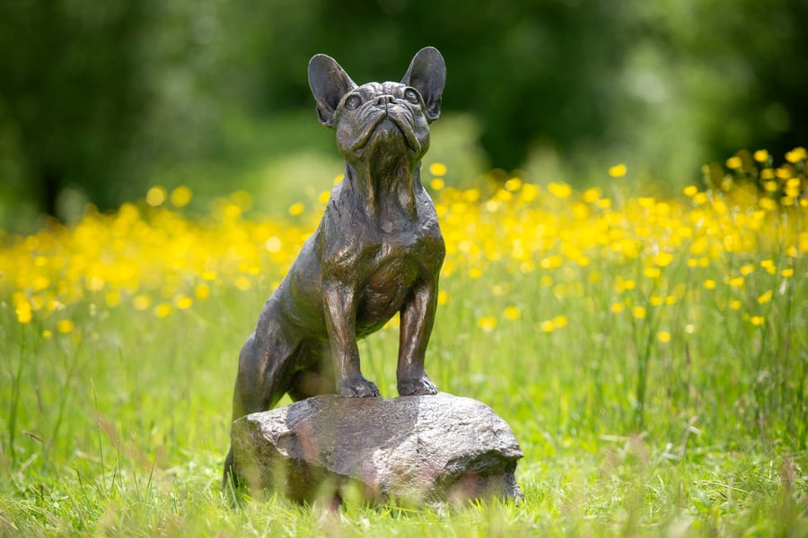 French Bulldog Standing On Stone Statue Large Bronze Resin Garden Sculpture