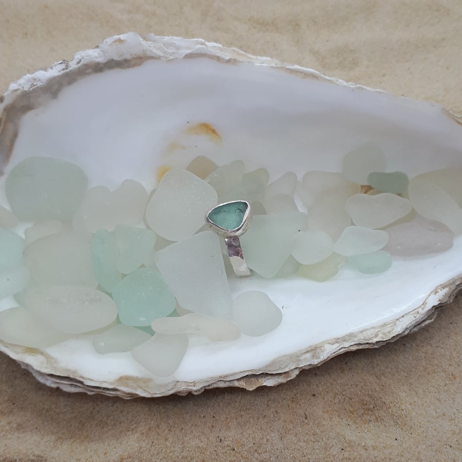 Light teal grey sea glass ring SG1